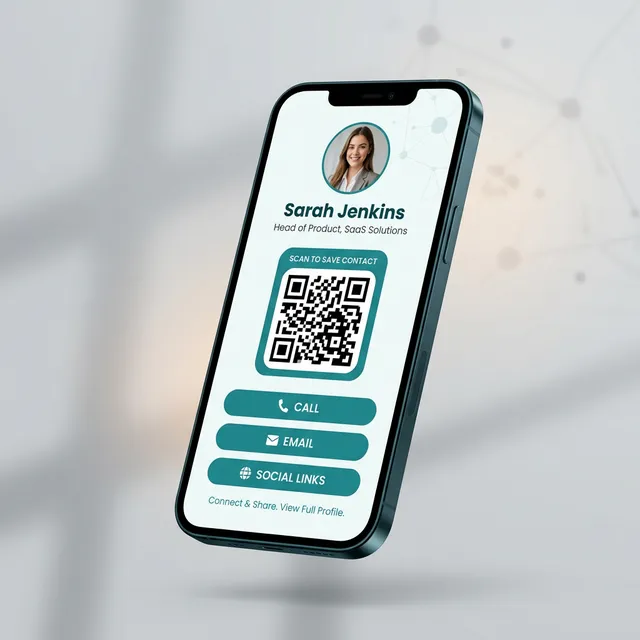 Digital business card displayed on a smartphone showing a QR code, contact buttons, and professional profile
