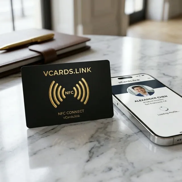 Premium NFC business card with vCards.link branding on marble surface